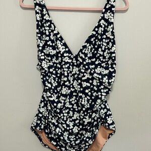 J. Crew Navy Floral Ruched V-neck One Piece